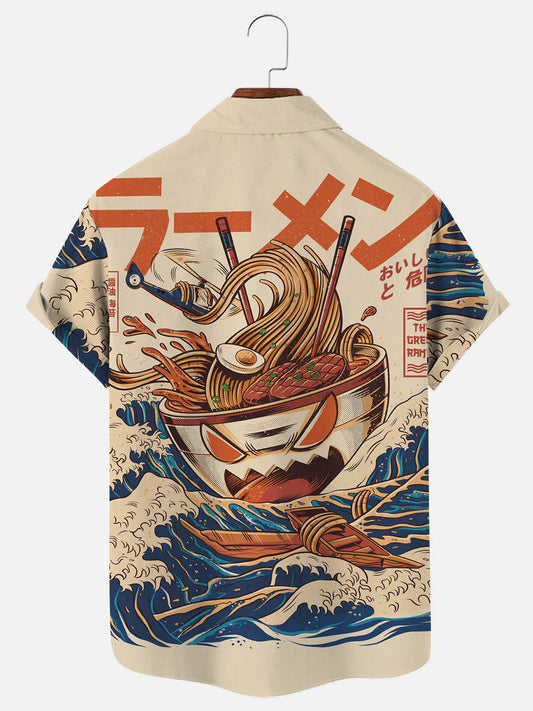 Men's Vintage Japanese Ramen Ukiyoe Print Hawaiian Short Sleeve Shirt