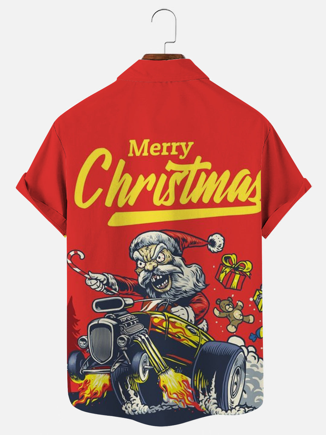 Men's Santa Ride Hot Rod Printed Holiday Short Sleeve Shirt