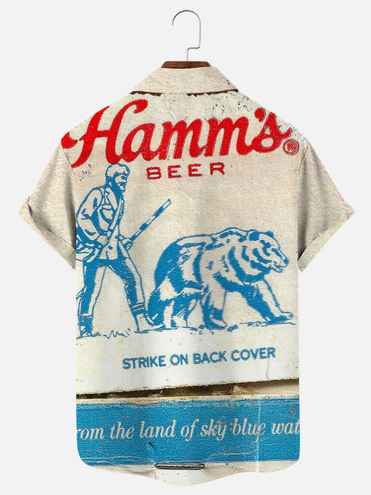 Men's Beer Bear Retro Print Casual Short Sleeve Shirt