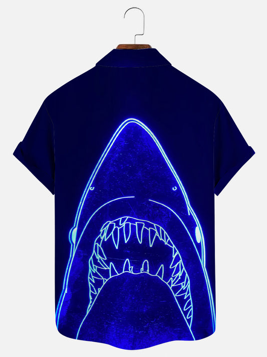 Retro Jaws Neon Print Hawaiian Short Sleeve Shirt