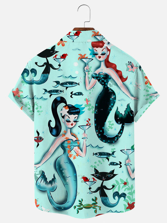 Men's Mid-Century Modern Martini Mermaid Print Hawaiian Short Sleeve Shirt