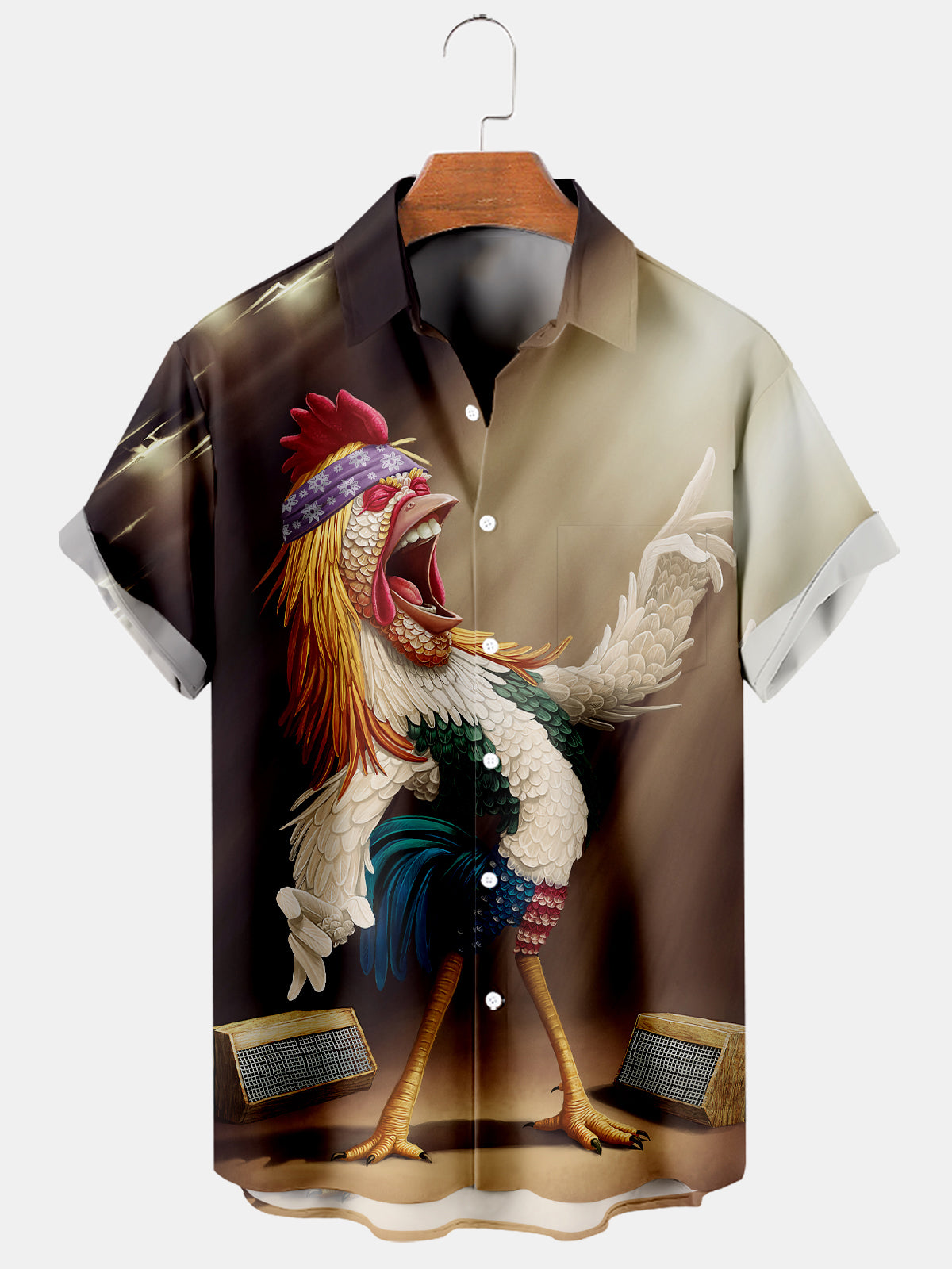 Men's Hawaiian Funny Singing Chicken Print Short Sleeve Shirt