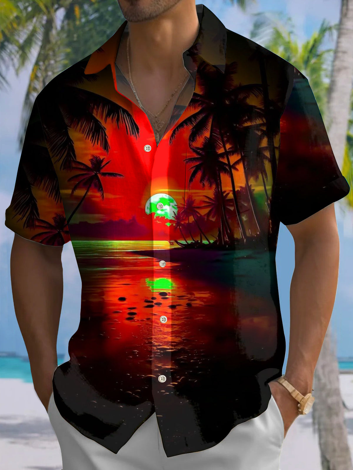 Men's Beach Sunset Print Hawaiian Short Sleeve Shirt