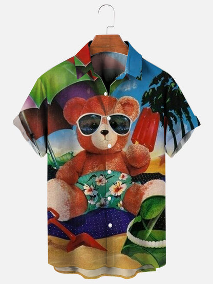 Men's Vintage Beach Bear Print Hawaiian Short Sleeve Shirt