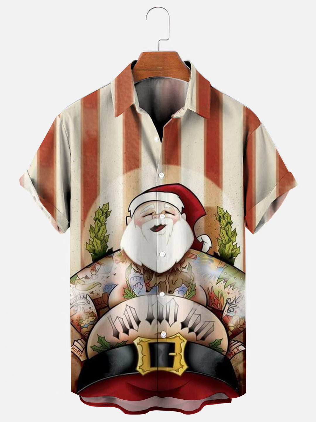 Men's Tattoo Santa Print Holiday Short Sleeve Shirt