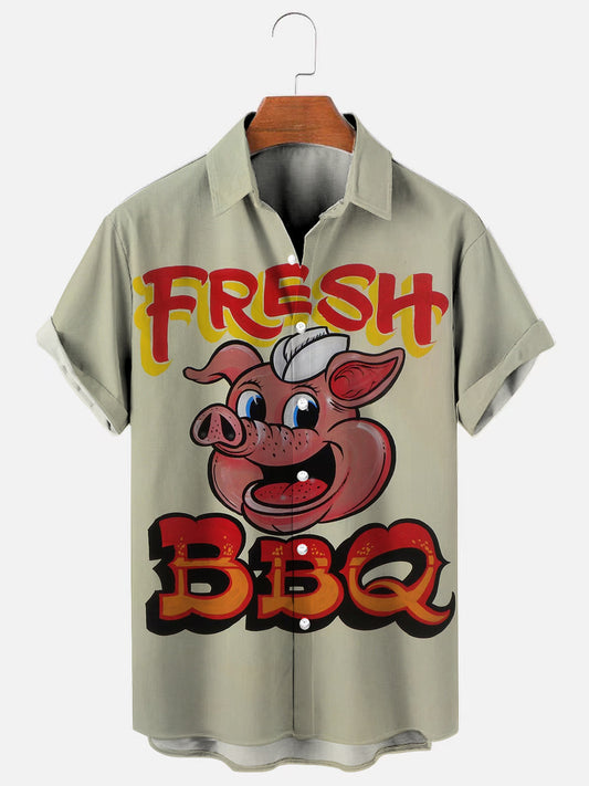 Men's Retro Piggy BBQ Logo Print Hawaiian Short Sleeve Shirt