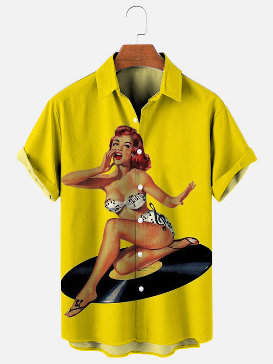 Men's Retro Rock Goddess Poster Print Hawaiian Short Sleeve Shirt