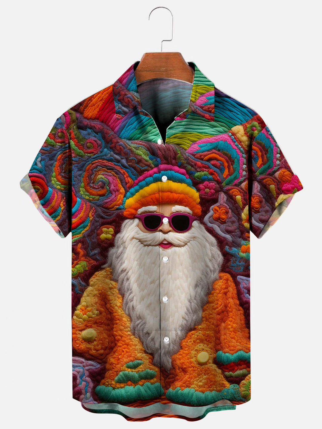 Men's Retro Hippie Santa Print Hawaiian Short Sleeve Shirt