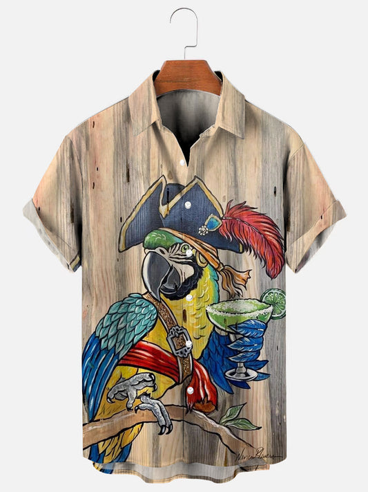 Men's Pirate Parrot Cocktail Woodblock Painting Printed Hawaiian Short Sleeve Shirt