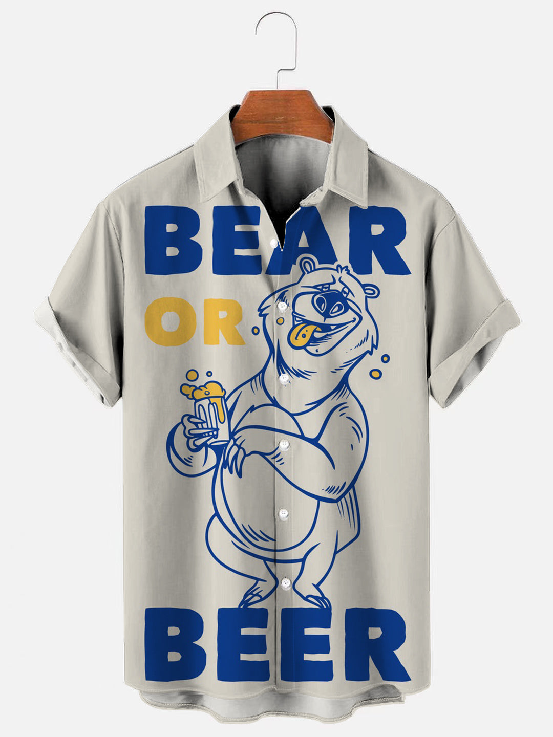 Men's Vintage Beer Bear Print Hawaiian Short Sleeve Shirt