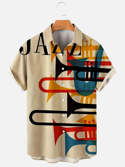 Men's Vintage Jazz Poster Print Hawaiian Casual Short Sleeve Shirt