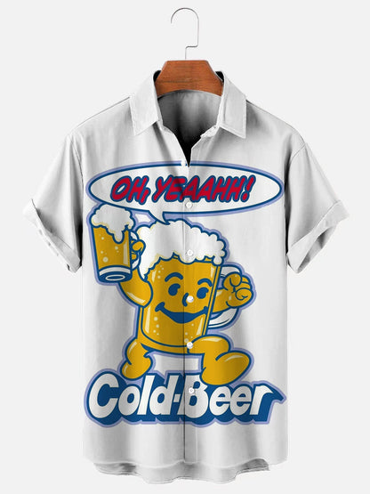 Men's Cold Beer Print Hawaiian Short Sleeve Shirt