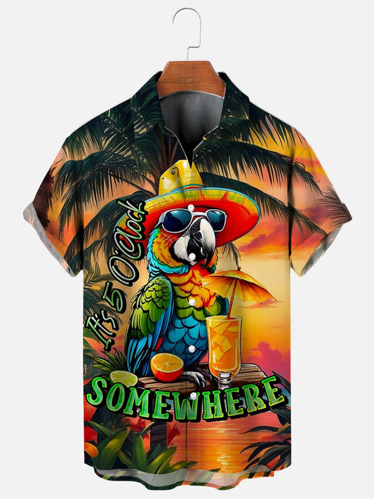 Men's Party Parrot Cocktail Graphic Print Hawaiian Short Sleeve Shirt