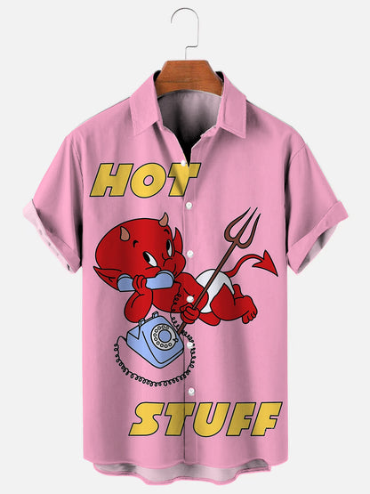 Men's Retro Little Devil Cartoon Print Casual Short Sleeve Shirt