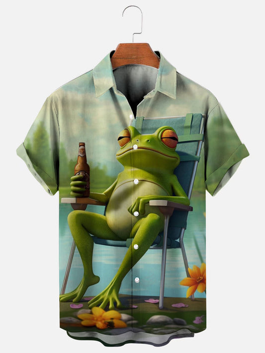 Men's Frog Beer Print Hawaiian Short Sleeve Shirt