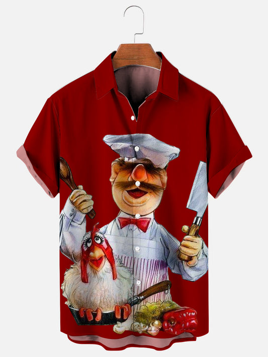 Men's Cartoon Chef Retro Fun Chicken Print Holiday Short Sleeve Shirt