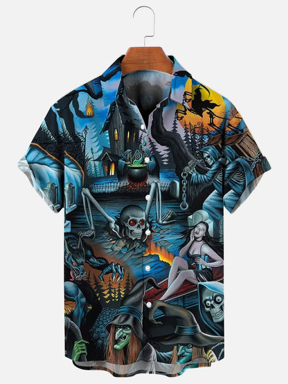 Men's Blue Ghost Halloween Witch Print Hawaiian Short Sleeve Shirt