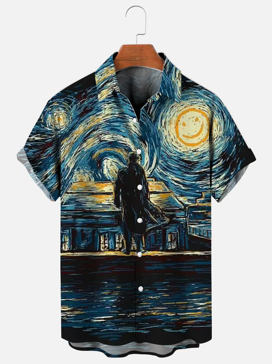 Men's Detective Van Gogh Starry Night Print Short Sleeve Hawaiian Shirt