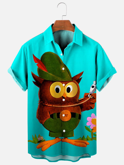 Men's Retro Owl Cartoon Print Hawaiian Short Sleeve Shirt