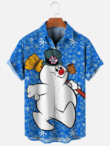 Men's Christmas Snowman Print Holiday Short Sleeve Shirt