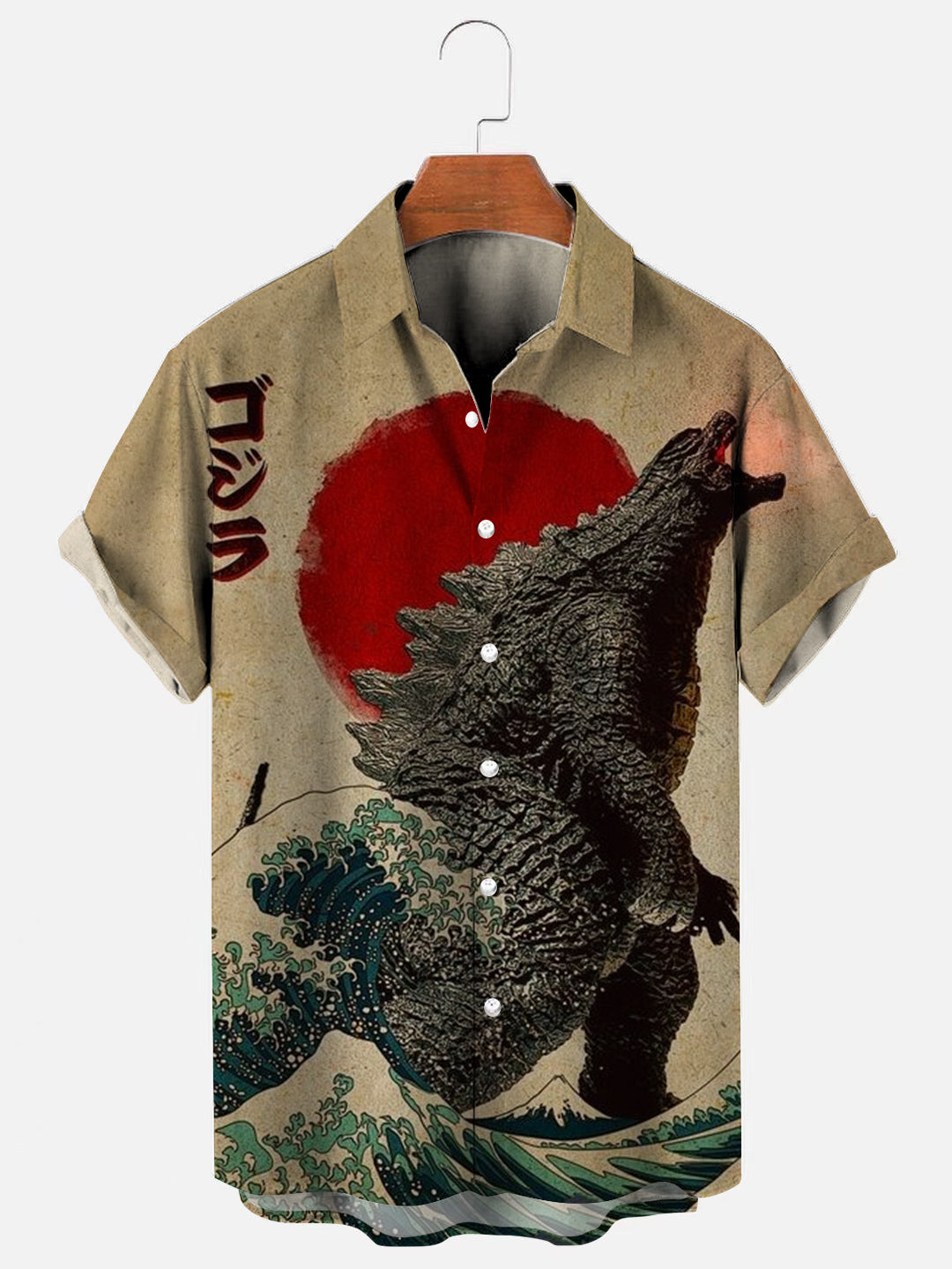 Men's Vintage Japanese Godzilla Great Wave Poster Print Hawaiian Short Sleeve Shirt