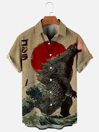 Men's Vintage Japanese Godzilla Great Wave Poster Print Hawaiian Short Sleeve Shirt