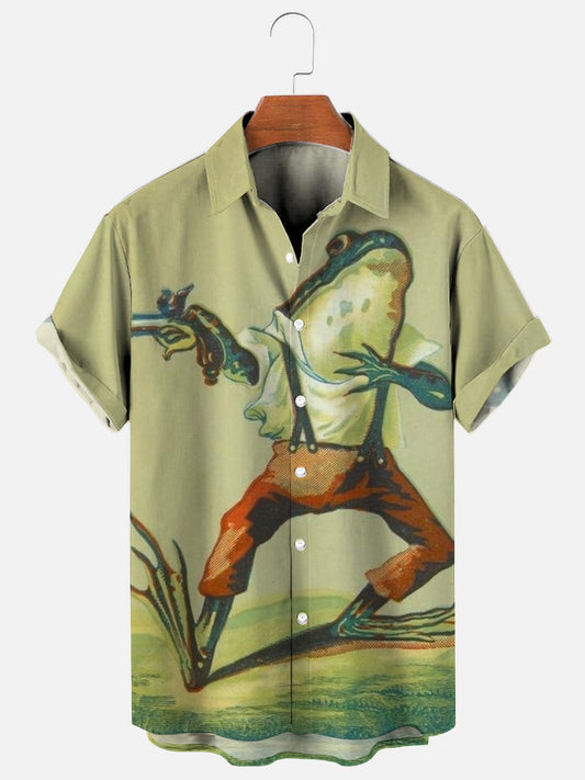 Men's Vintage Frog Poster Print Hawaiian Short Sleeve Shirt