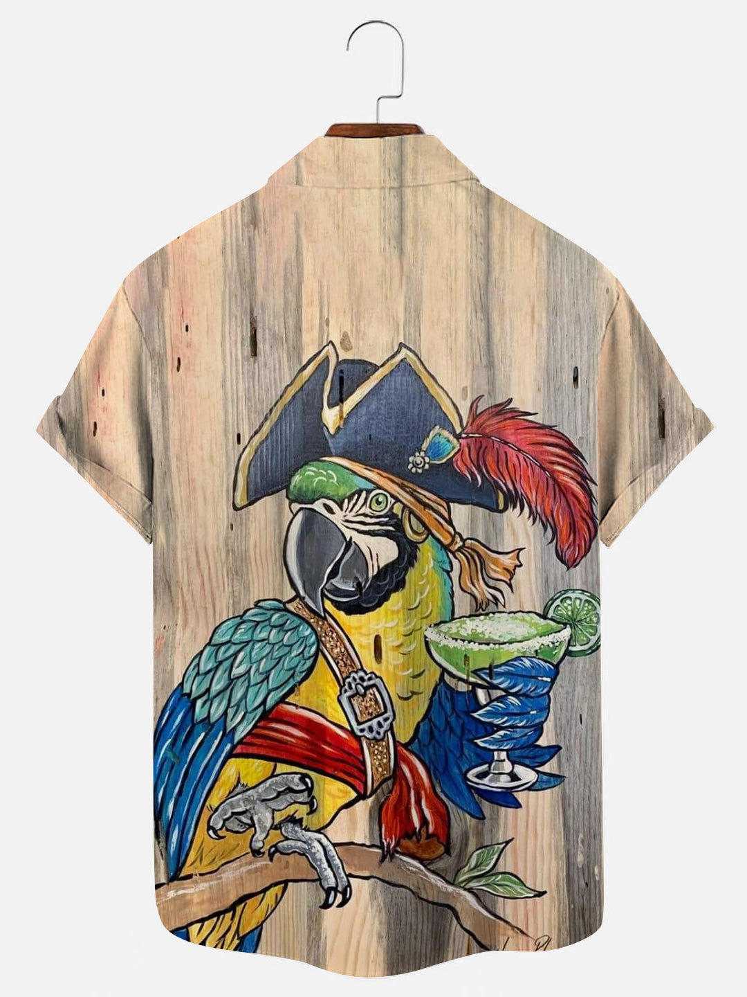 Men's Pirate Parrot Cocktail Woodblock Painting Printed Hawaiian Short Sleeve Shirt