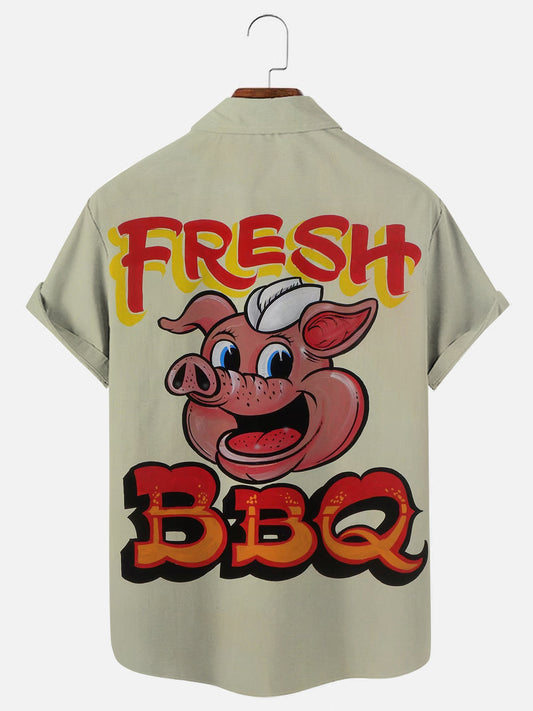 Men's Retro Piggy BBQ Logo Print Hawaiian Short Sleeve Shirt