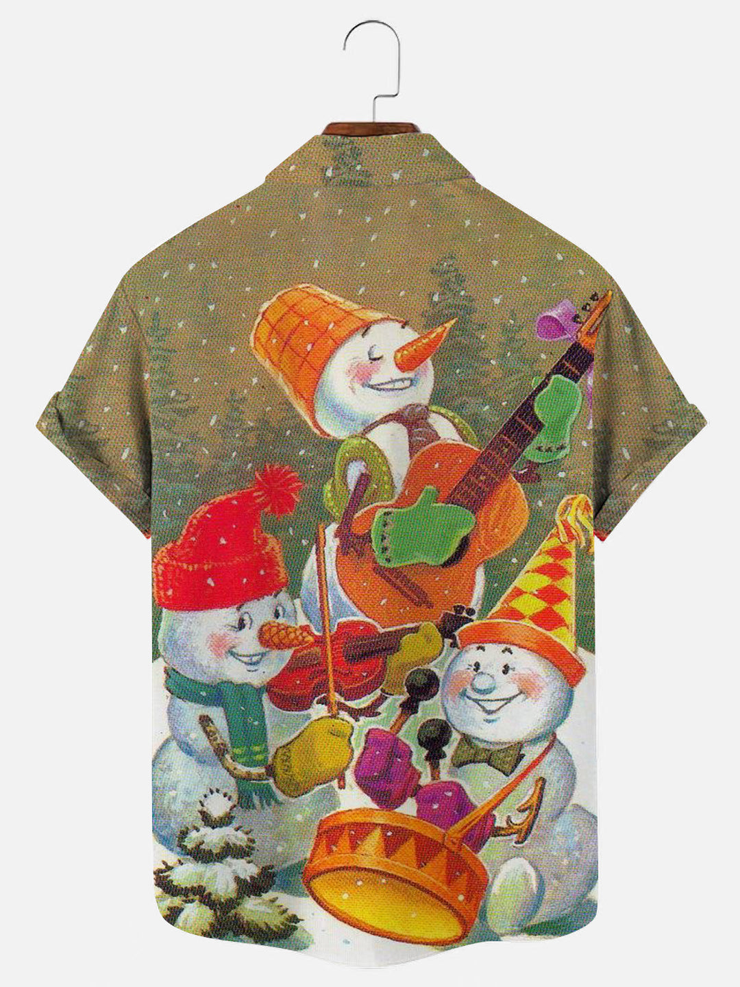 Men's Vintage Snowman Band Print Christmas Short Sleeve Shirt