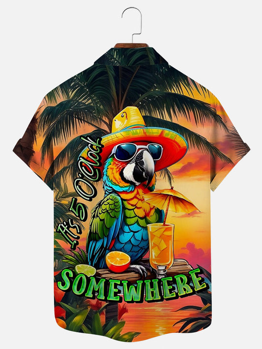 Men's Party Parrot Cocktail Graphic Print Hawaiian Short Sleeve Shirt