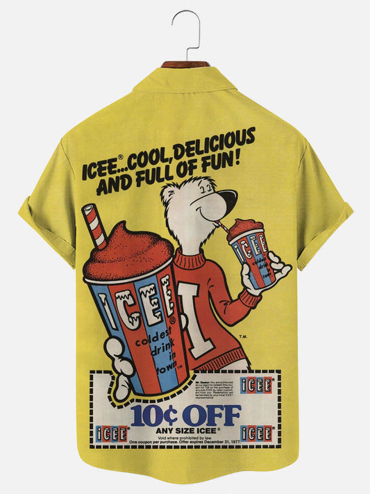 Men's Retro Cartoon Bear Cold Drink Poster Print Hawaiian Short Sleeve Shirt