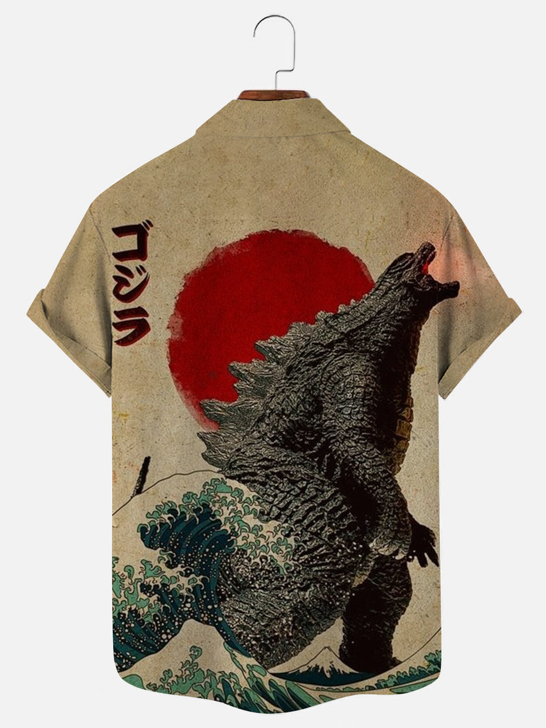 Men's Vintage Japanese Godzilla Great Wave Poster Print Hawaiian Short Sleeve Shirt