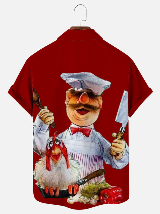 Men's Cartoon Chef Retro Fun Chicken Print Holiday Short Sleeve Shirt