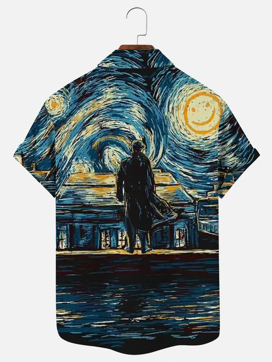 Men's Detective Van Gogh Starry Night Print Short Sleeve Hawaiian Shirt