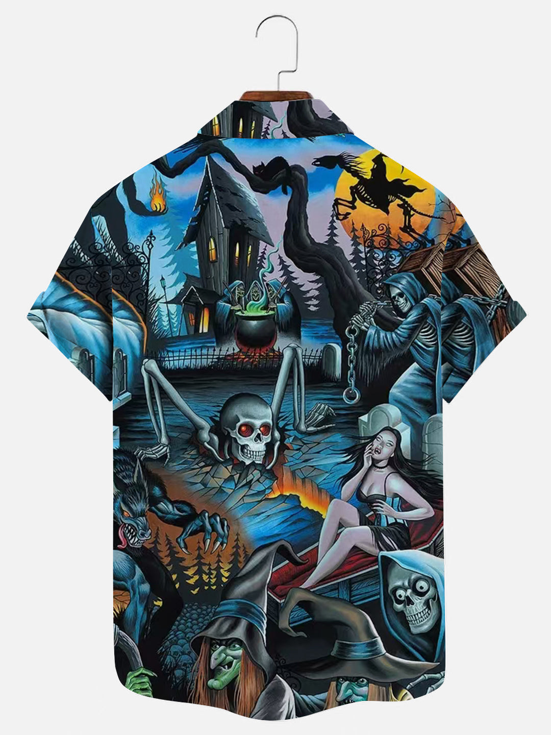 Men's Blue Ghost Halloween Witch Print Hawaiian Short Sleeve Shirt