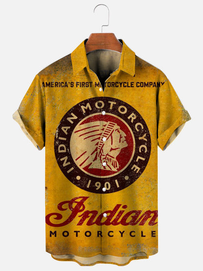 Men's Retro Motorcycle Logo Print Hawaiian Short Sleeve Shirt