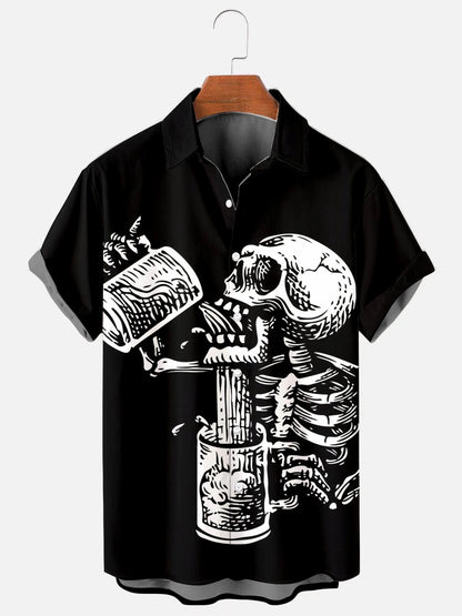 Men's Drunken Skull Print Hawaiian Short Sleeve Shirt