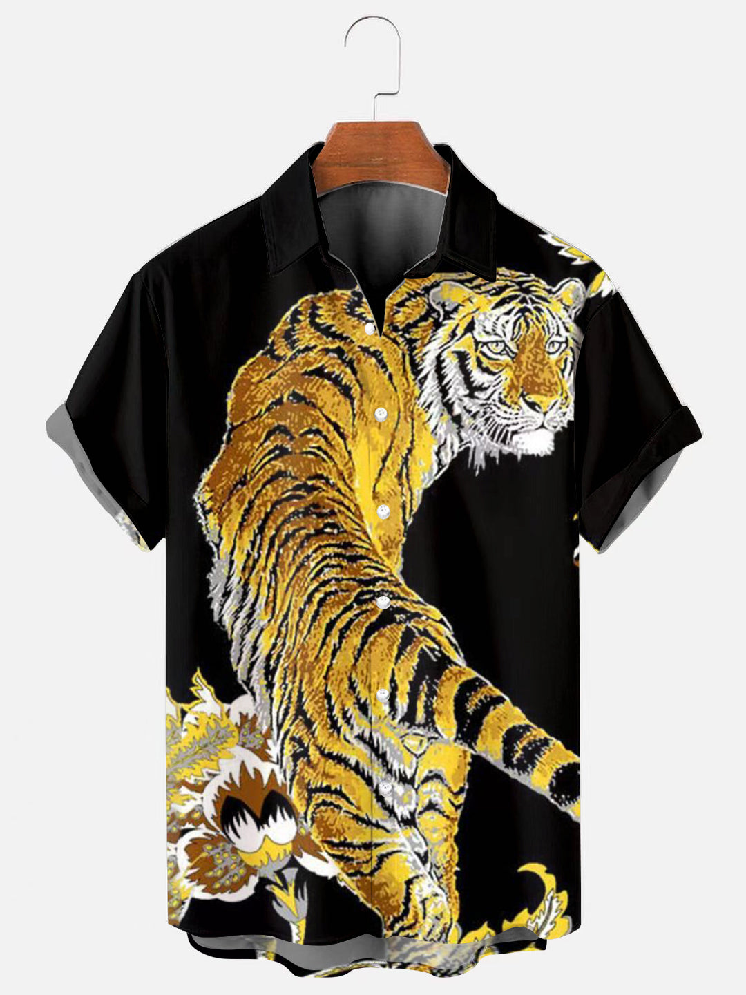 Men's Gold Tiger Print Hawaiian Short Sleeve Shirt