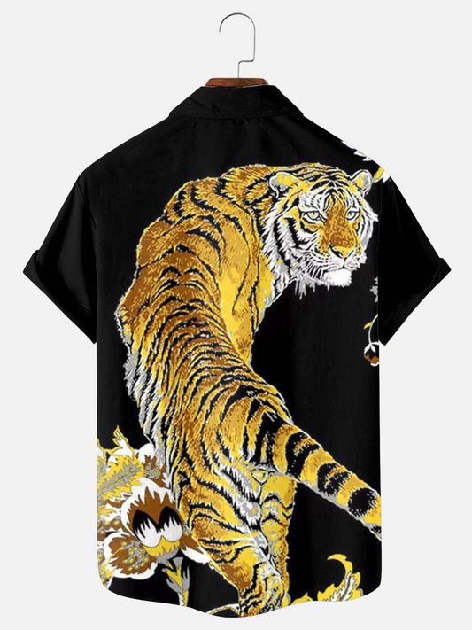 Men's Gold Tiger Print Hawaiian Short Sleeve Shirt