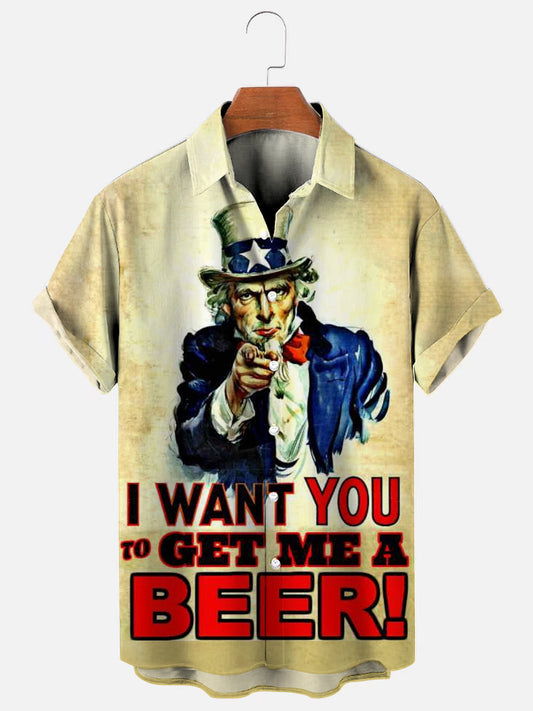 Gimme a Beer Uncle Sam Fun Printed Casual Short Sleeve Shirt