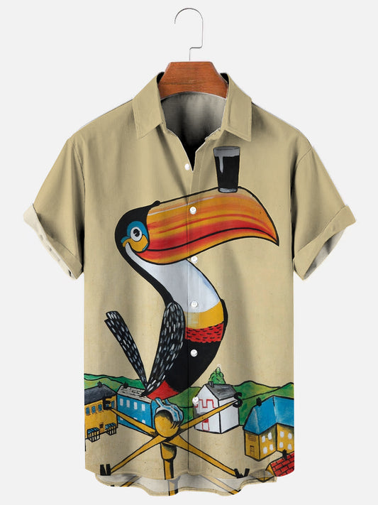 Men's Vintage Toucan Black Beer Print Hawaiian Short Sleeve Shirt