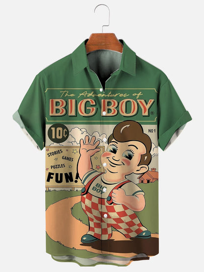 Men's Retro Cartoon Boy Print Hawaiian Short Sleeve Shirt