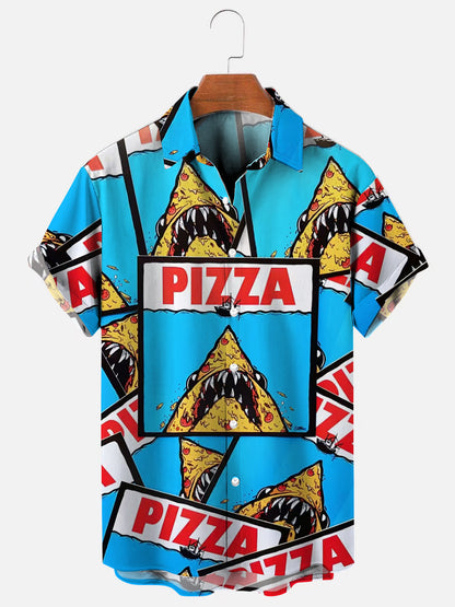 Men's Jaws Pizza Graphic Print Hawaiian Short Sleeve Shirt