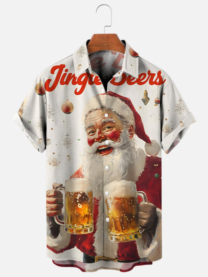 Men's Santa Beer Print Holiday Short Sleeve Shirt