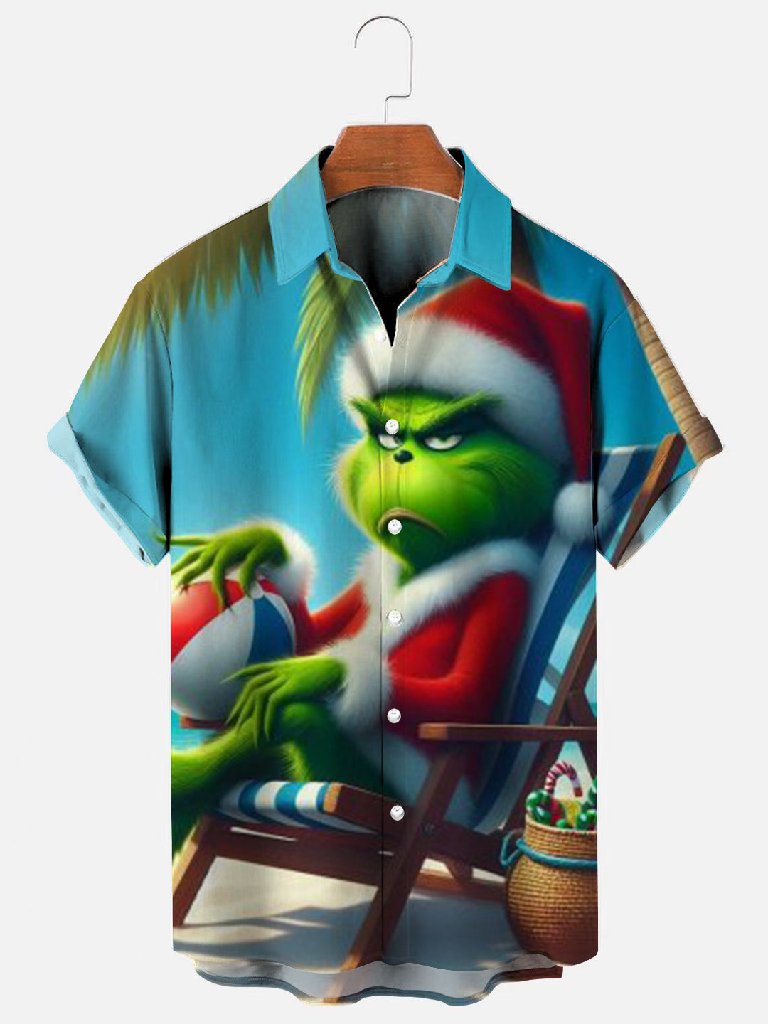 Men's Christmas Grinch Beach Print Hawaiian Holiday Short Sleeve Shirt