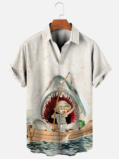 Men's Shark Fishing Boat Retro Print Hawaiian Short Sleeve Shirt