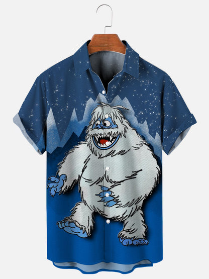 Men's Christmas Snow Monster Print Hawaiian Holiday Short Sleeve Shirt