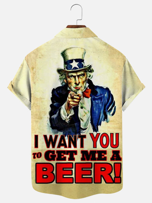 Gimme a Beer Uncle Sam Fun Printed Casual Short Sleeve Shirt