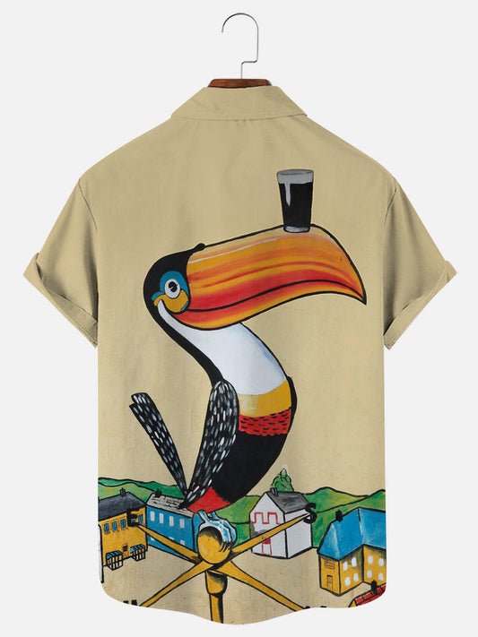 Men's Vintage Toucan Black Beer Print Hawaiian Short Sleeve Shirt